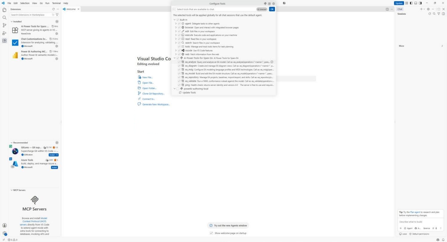 VS Code with GitHub Copilot Chat in Agent mode, with the AI Power Tools for Sparx EA tools enabled next to the installed extension.